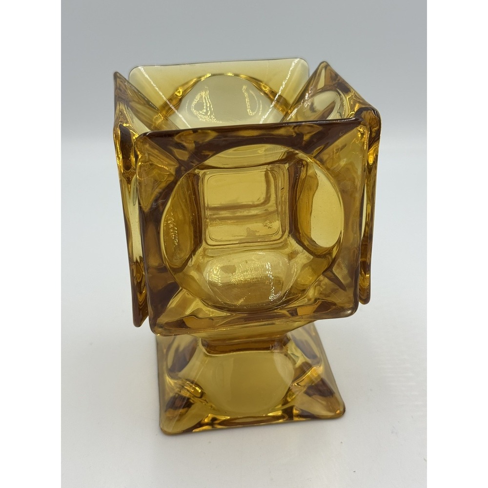 VTG Amber Glass Vase Heavy Square Cube Retro MCM Candle Holder Planter Retro